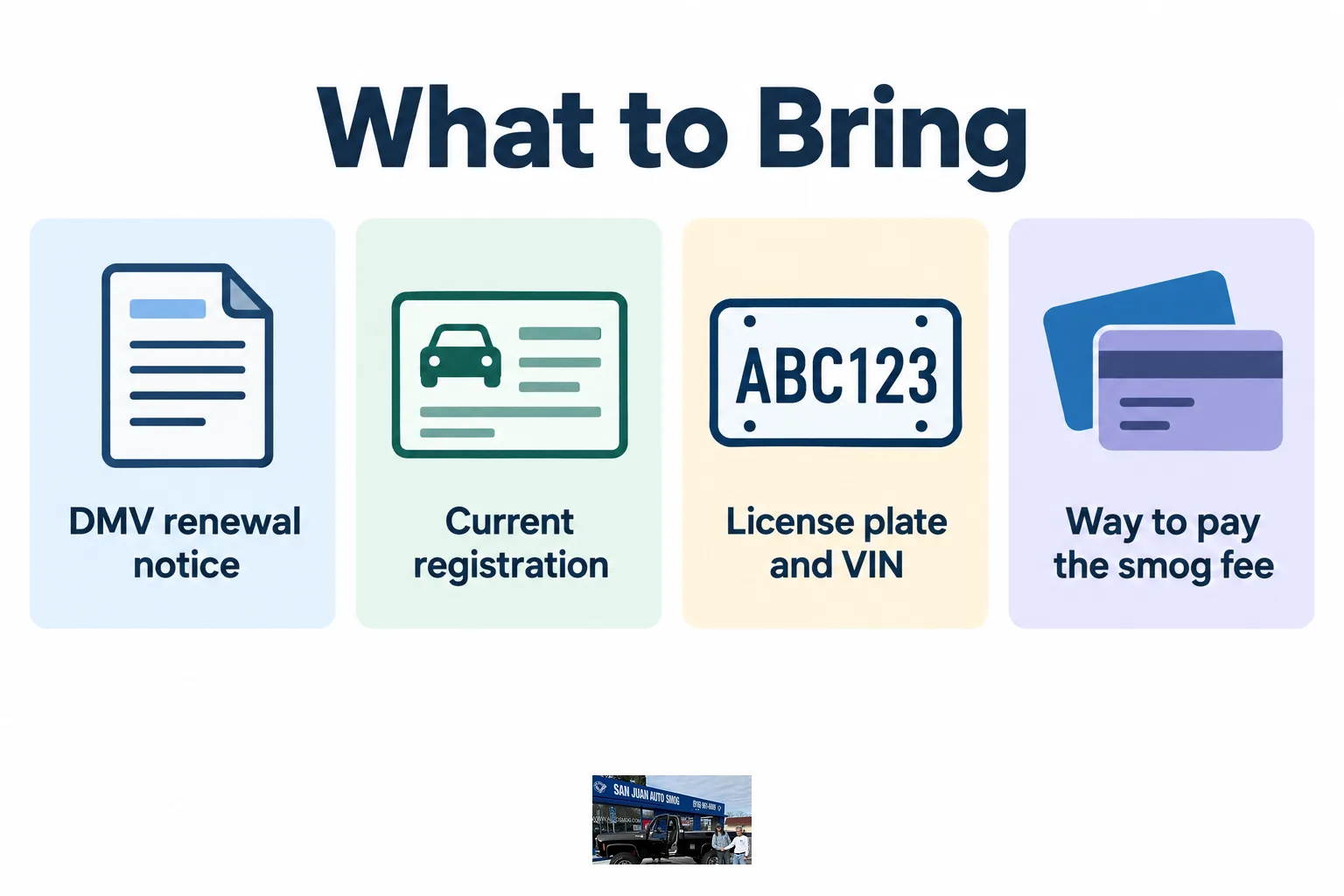 Flat lay photo of DMV renewal notice, car registration, and payment card on a dashboard.