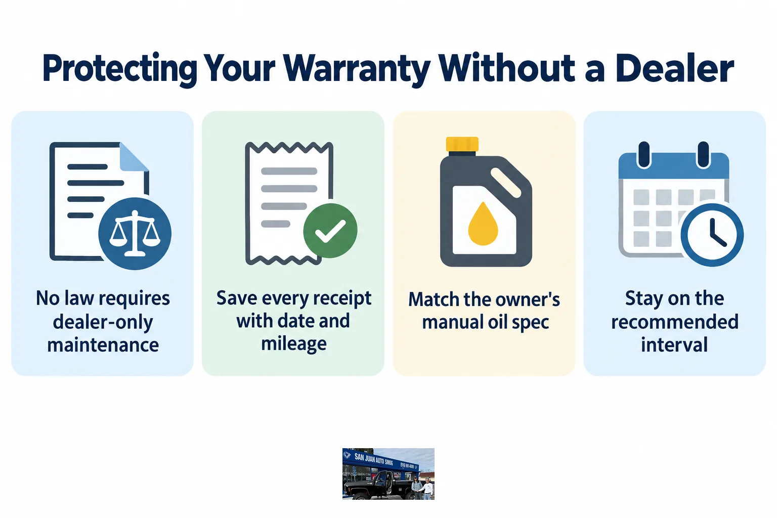 An infographic listing steps to protect a car warranty when using an independent shop for oil changes