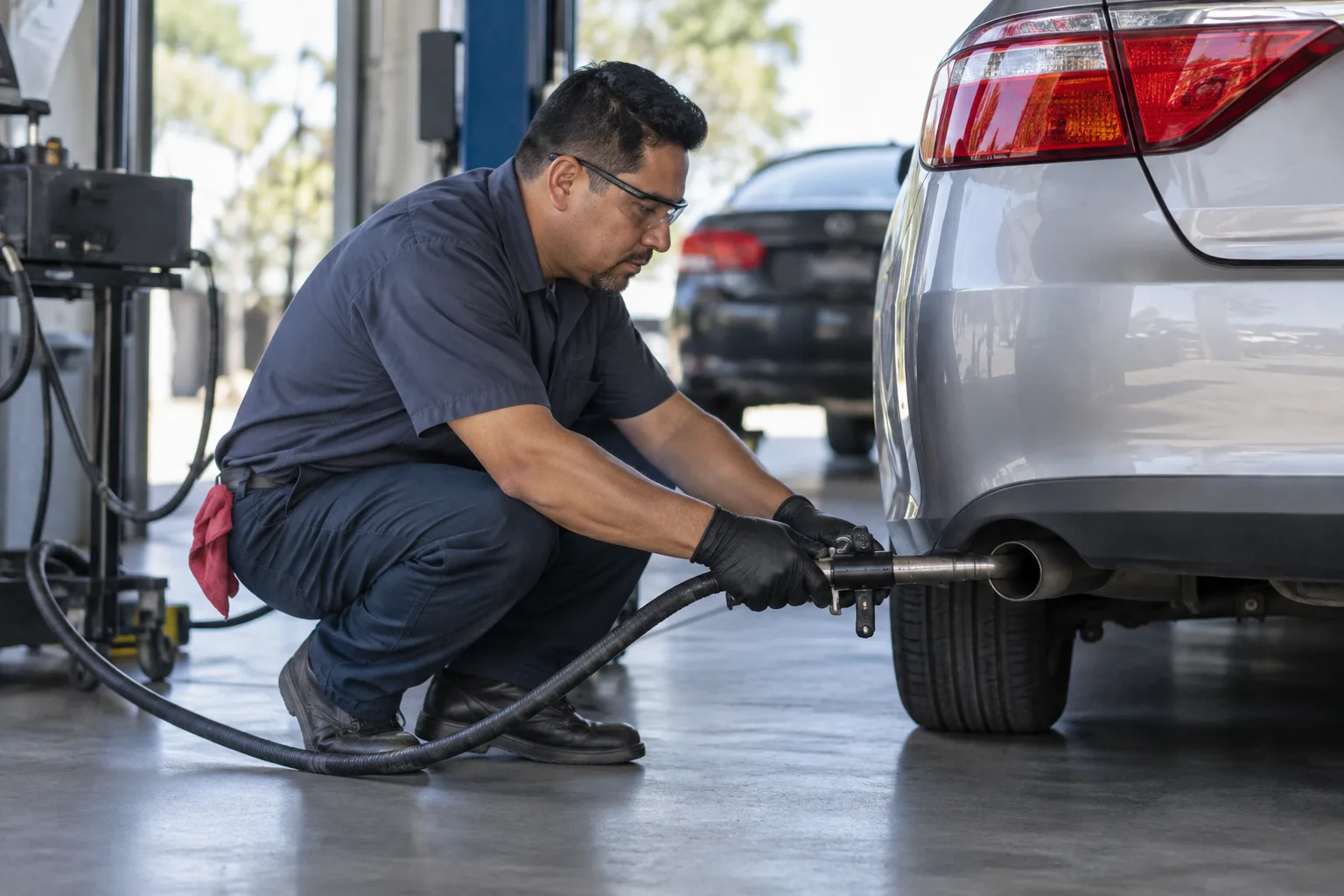 A technician performing a smog check on a used car at an inspection station.