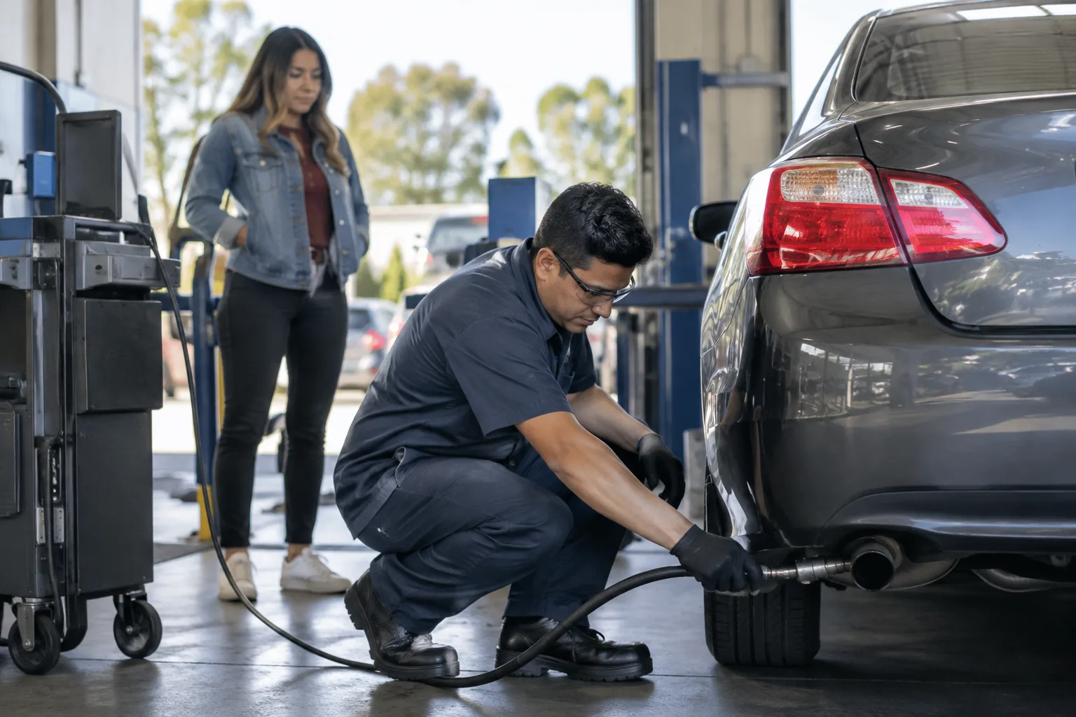 A technician performs a smog check on a car at a certified testing station.