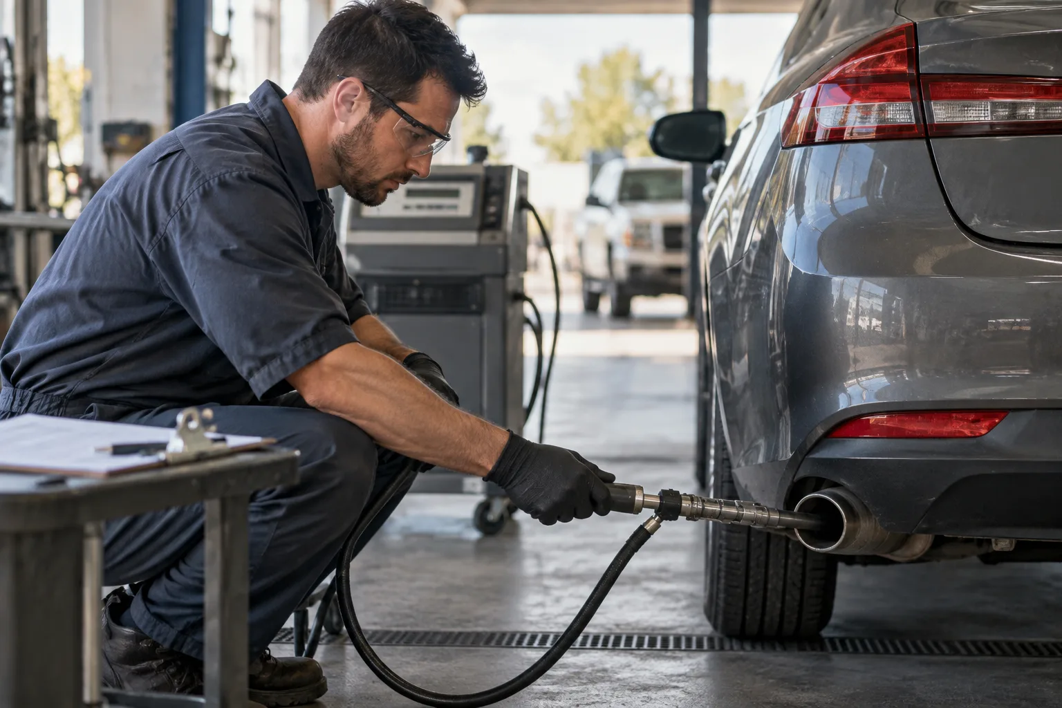 A technician performing a smog check on a car in a service bay.