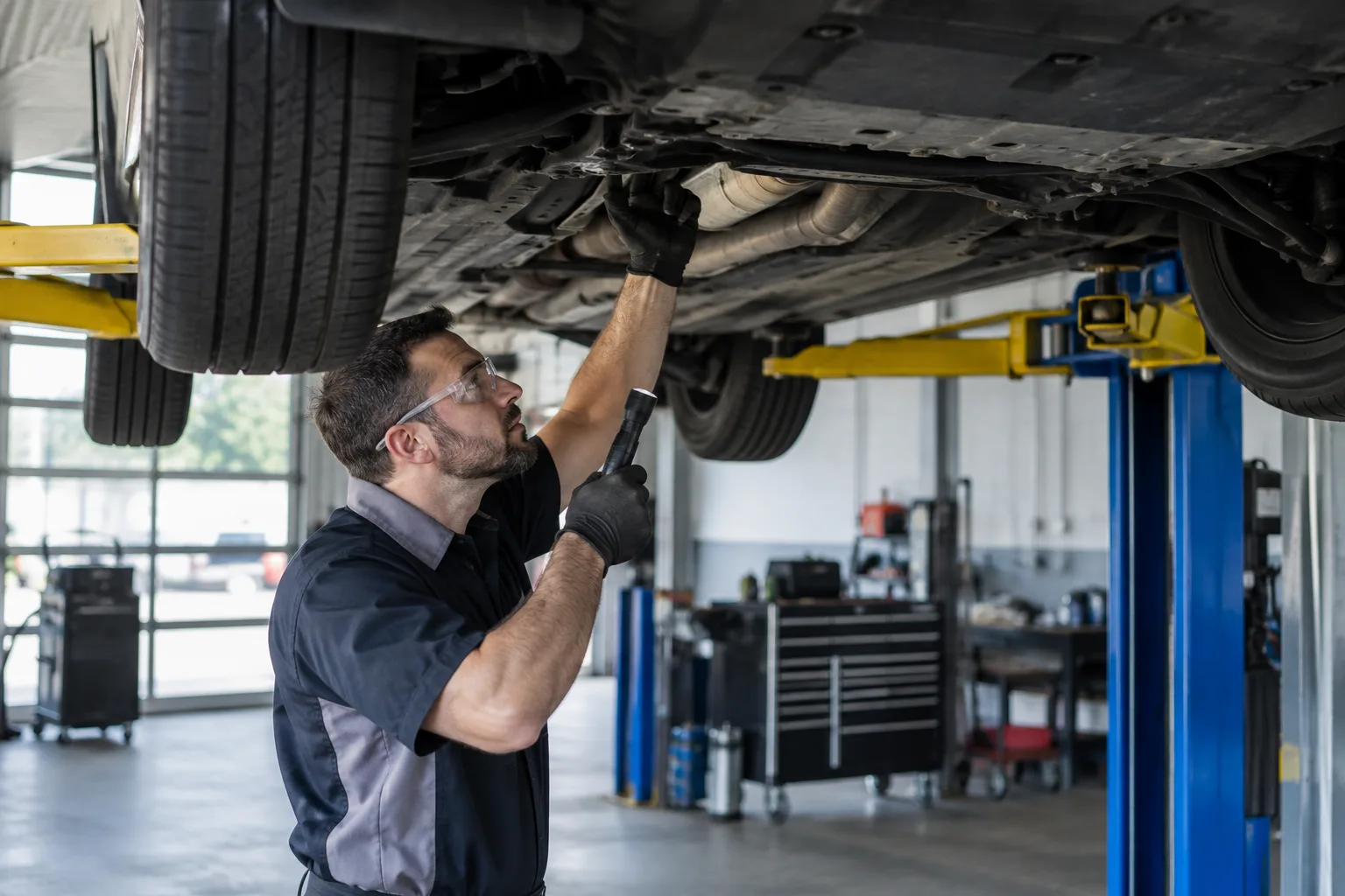 A technician inspects the underside of a car raised on a lift in an auto shop.