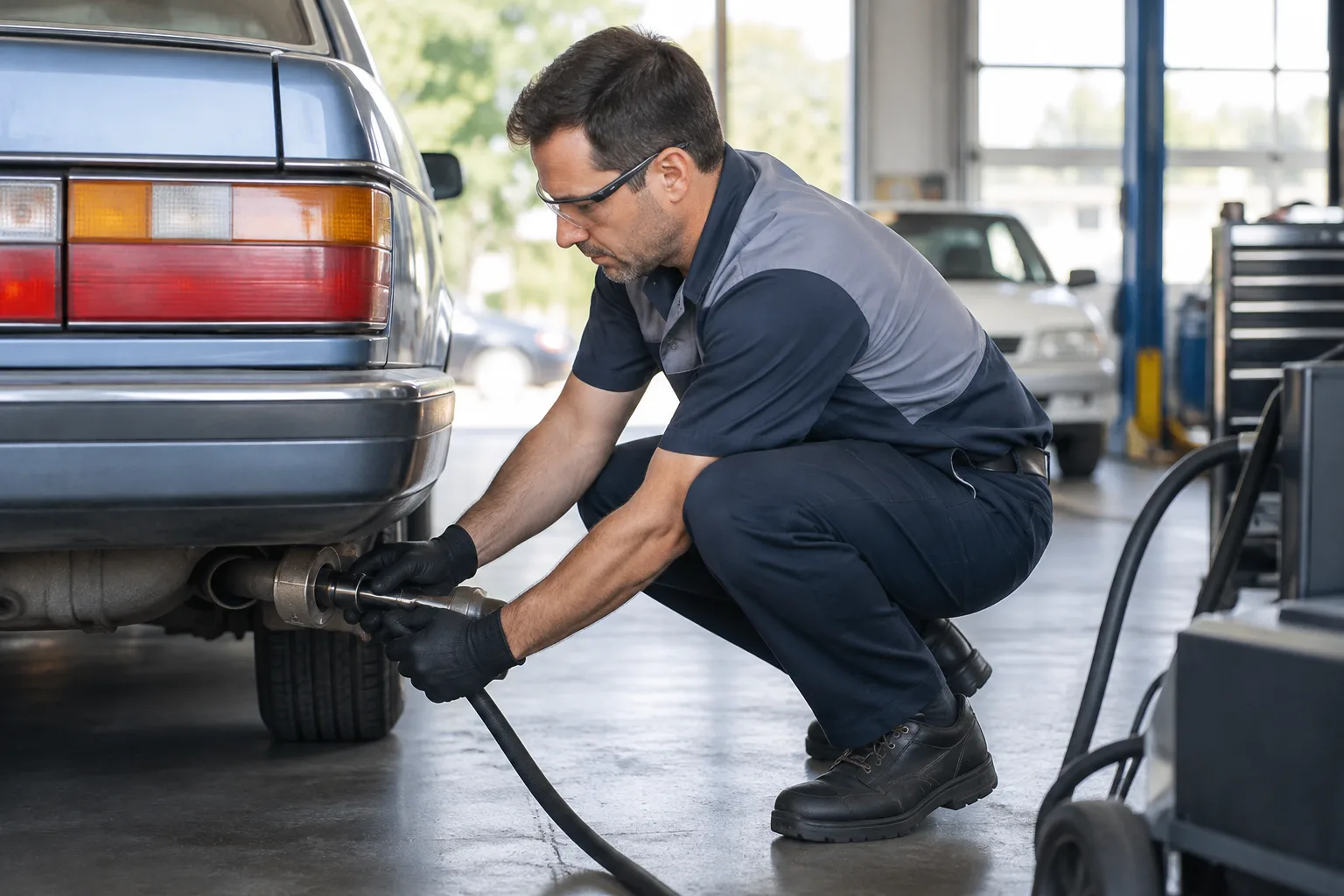 A technician performing a smog test on an older vehicle in a service bay.