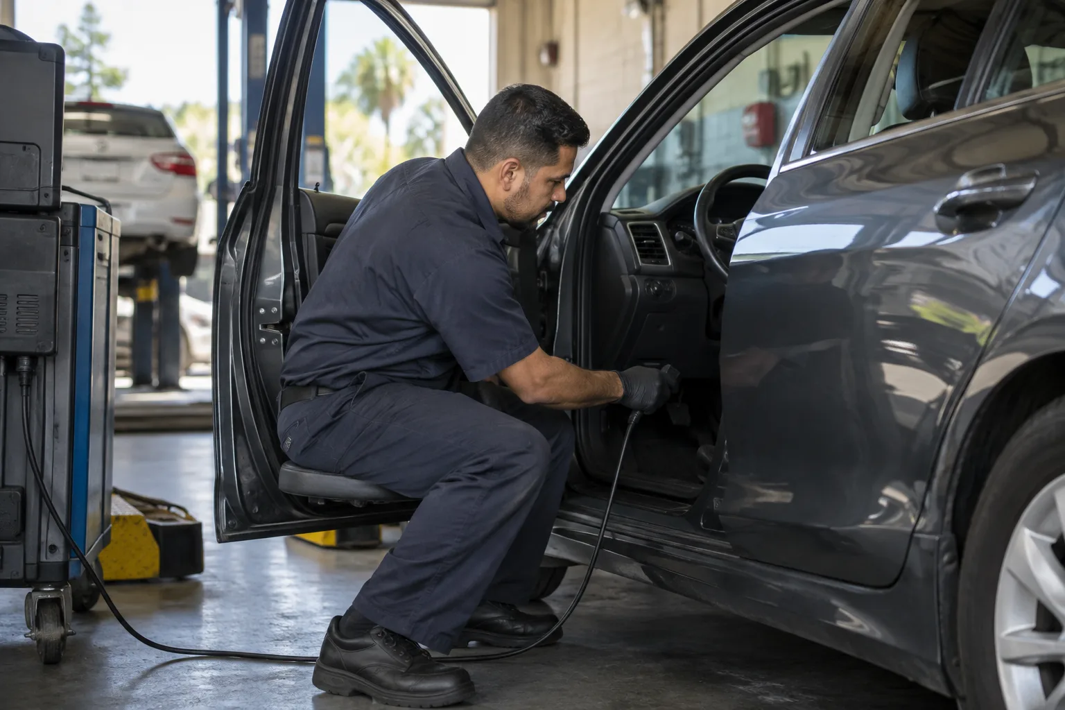 A technician performing a smog check test on a car in a service bay.