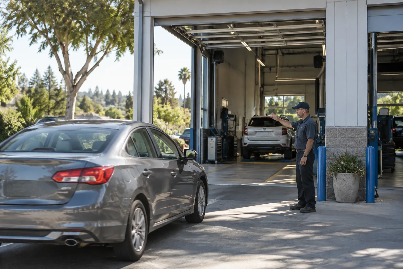 Photograph of the San Juan Auto Smog station exterior with a car arriving for service.