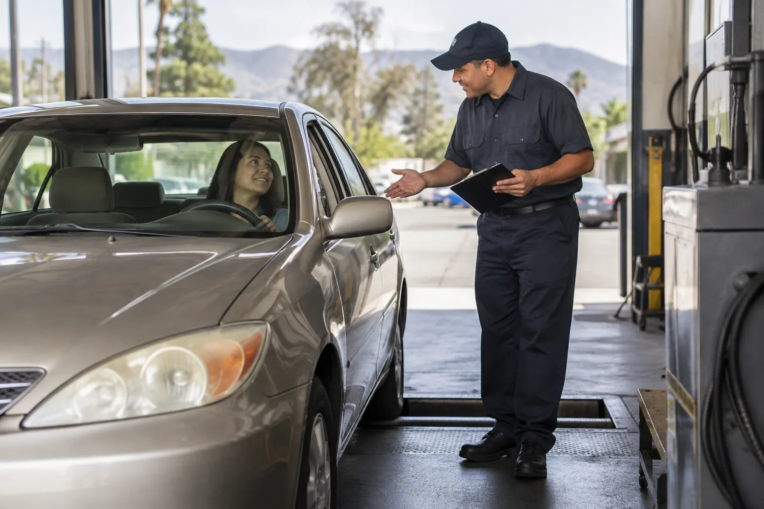 A photograph of a technician welcoming a driver who has walked in for a smog check.