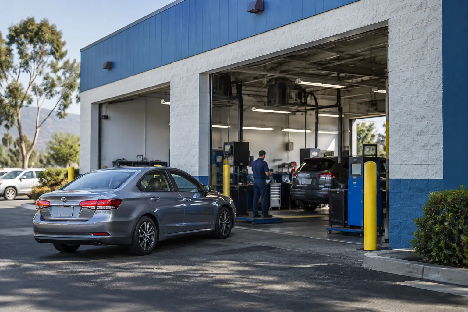 Photograph of the San Juan Auto Smog station storefront with a car arriving for service.
