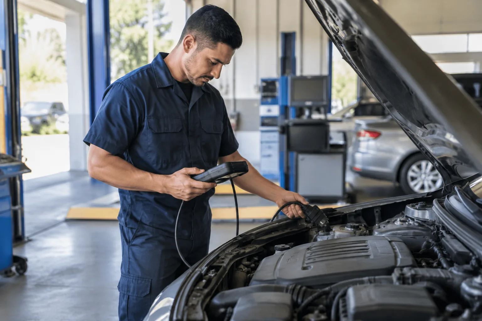 A technician performing a smog check on a car inside a certified auto shop garage.