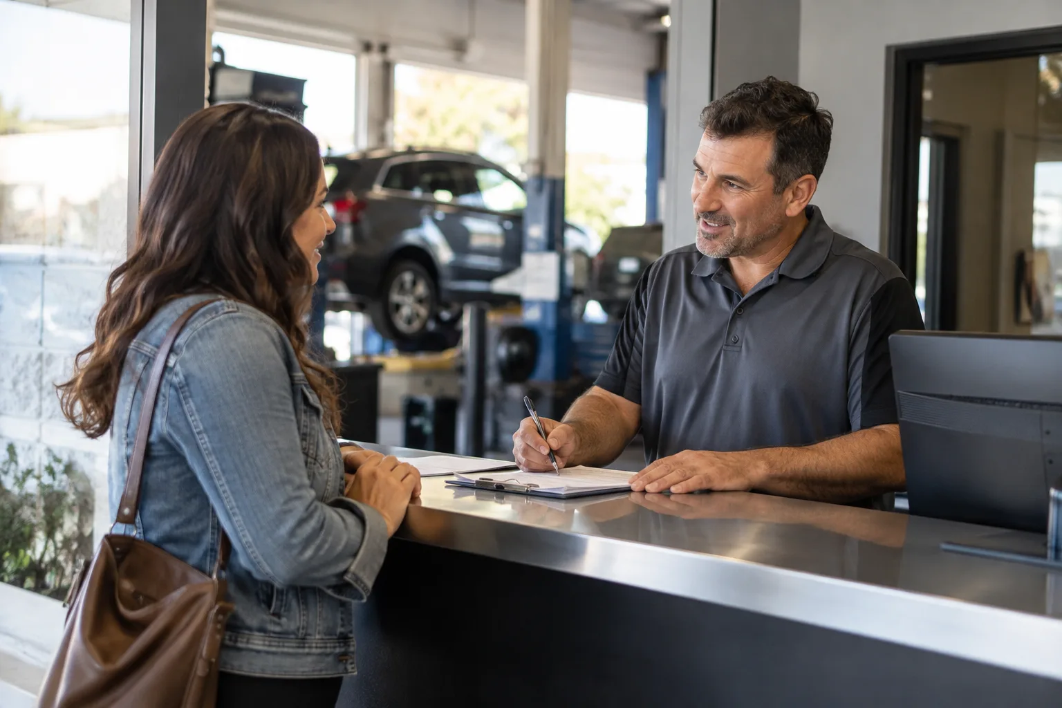 A customer speaking with a service advisor at the counter to book an oil change appointment.