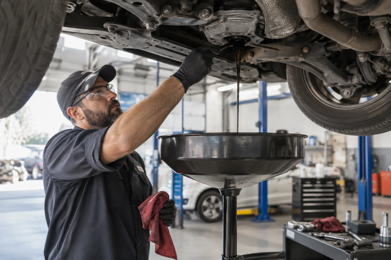 A mechanic performs an oil change on a car raised on a lift in an auto repair shop.