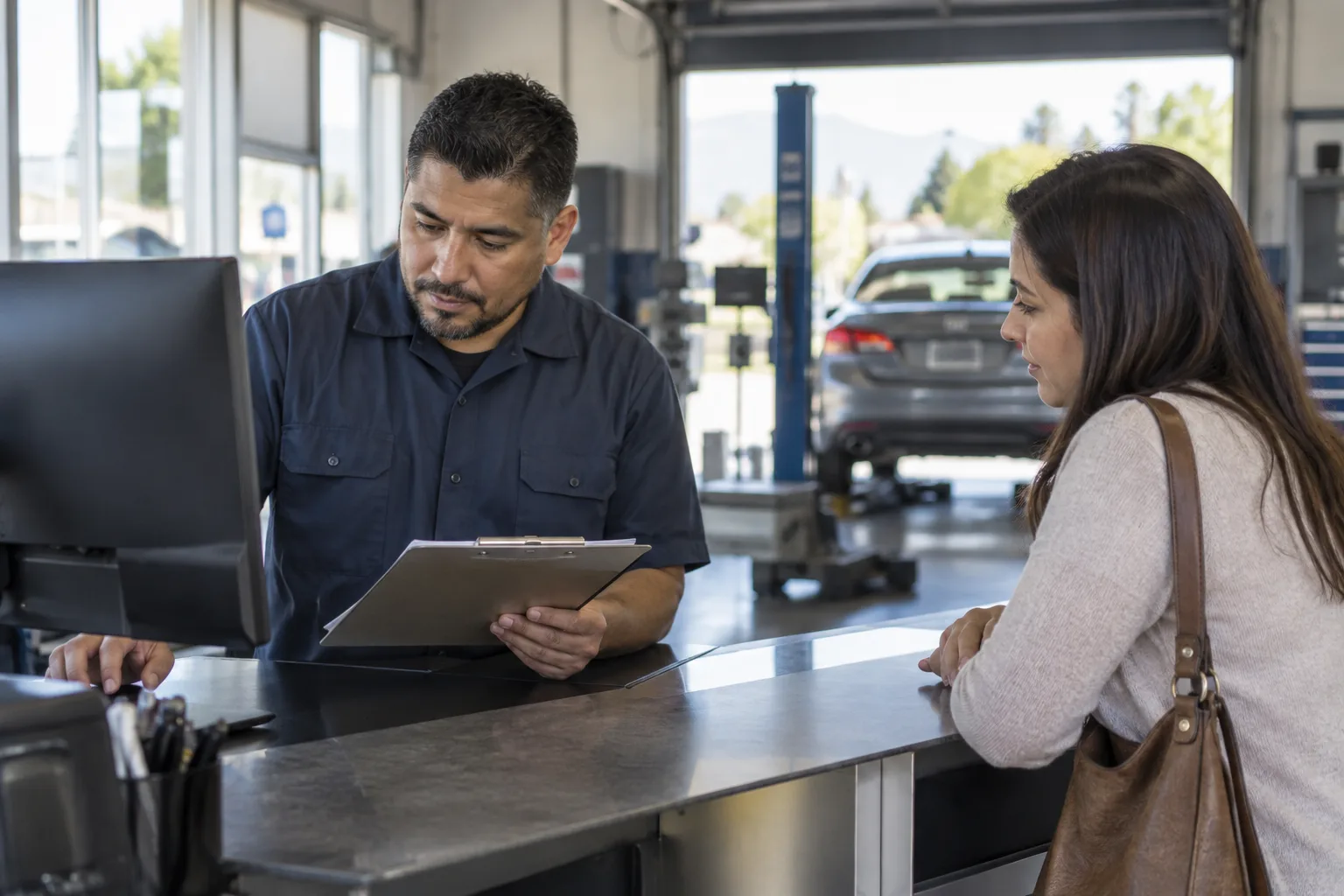 A technician reviews a customer's DMV notice and vehicle details before confirming a smog check quote.