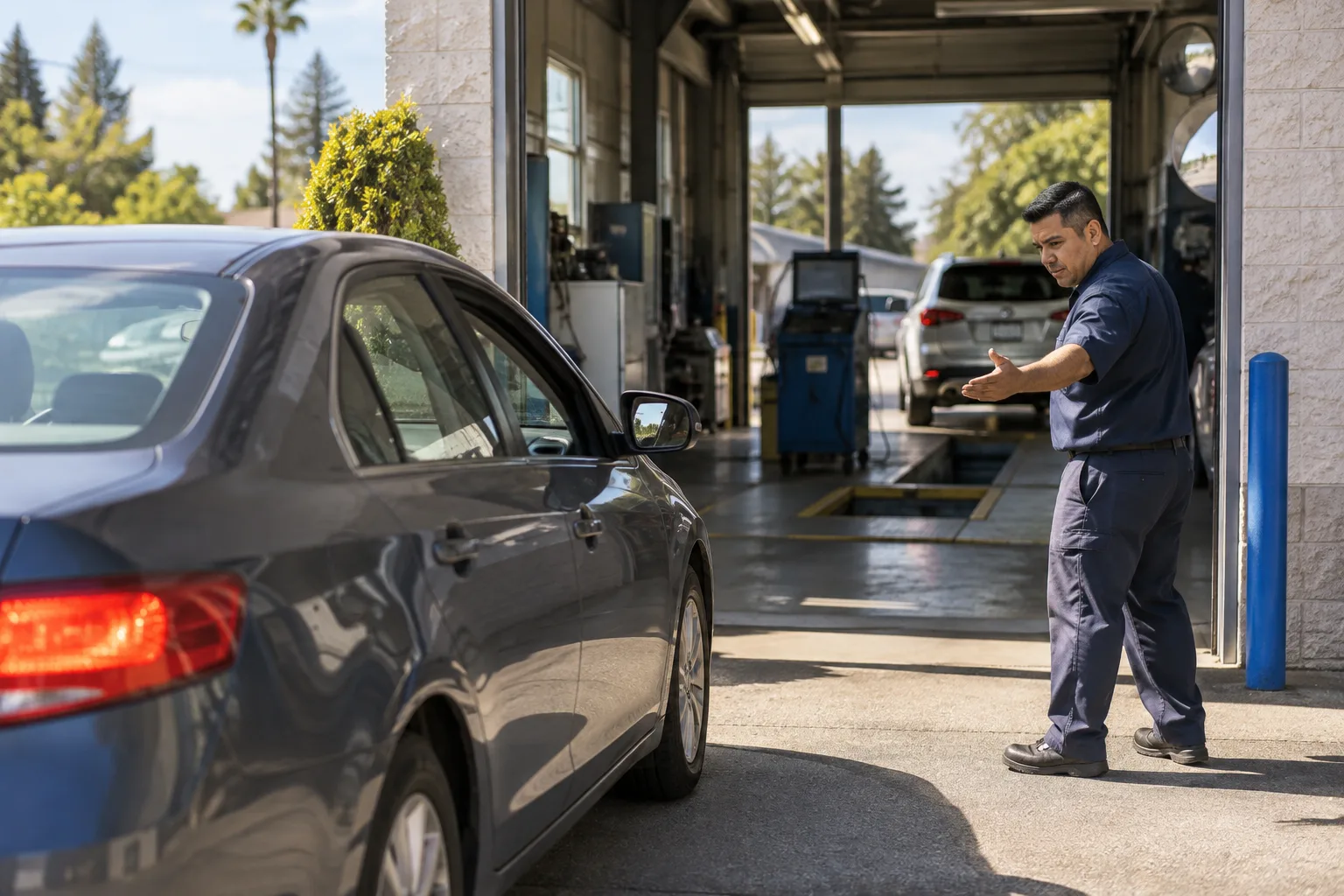 A technician guides a car into the service bay at San Juan Auto Smog in Fair Oaks, California