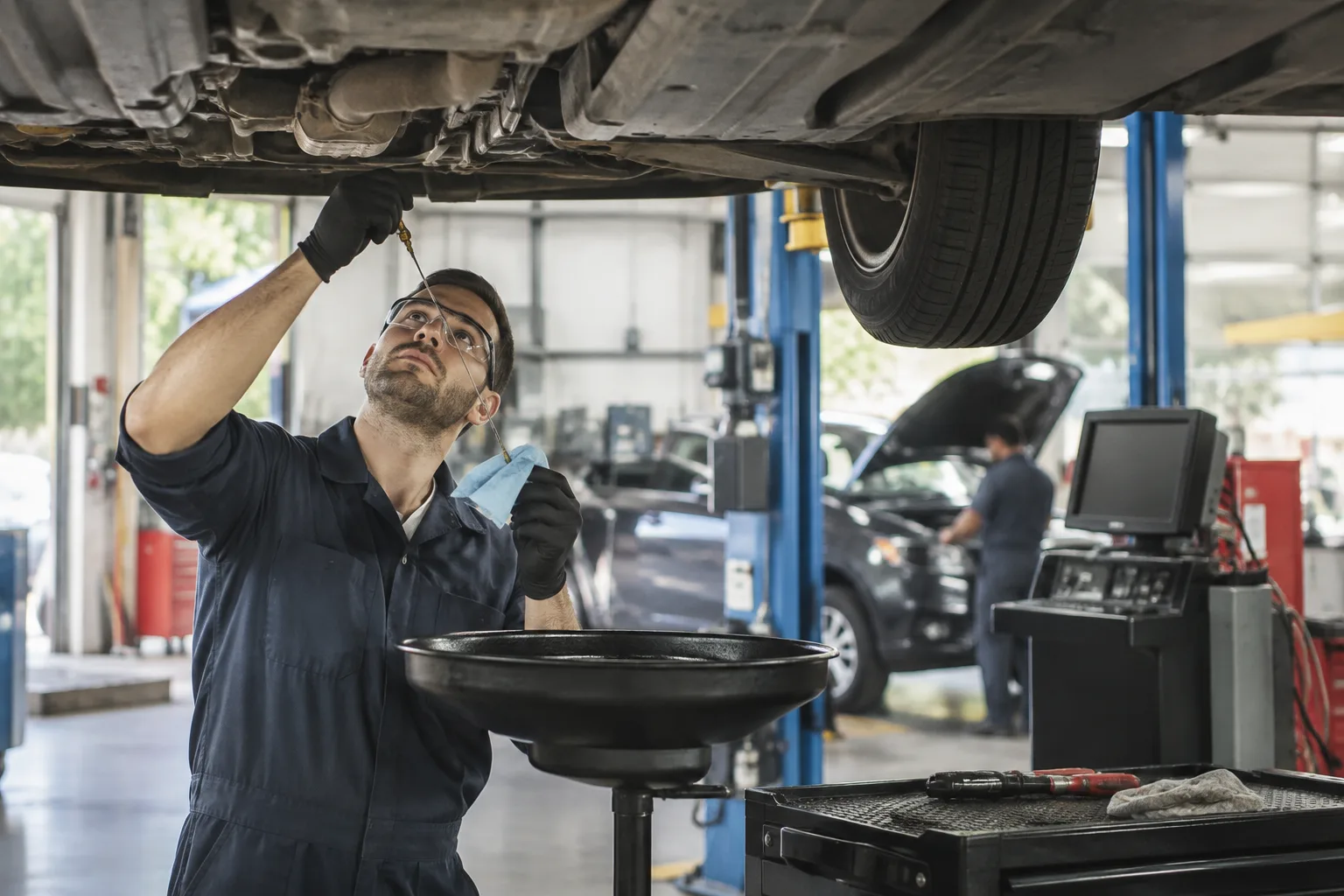 A mechanic services a car on a lift, performing maintenance alongside an emissions test.
