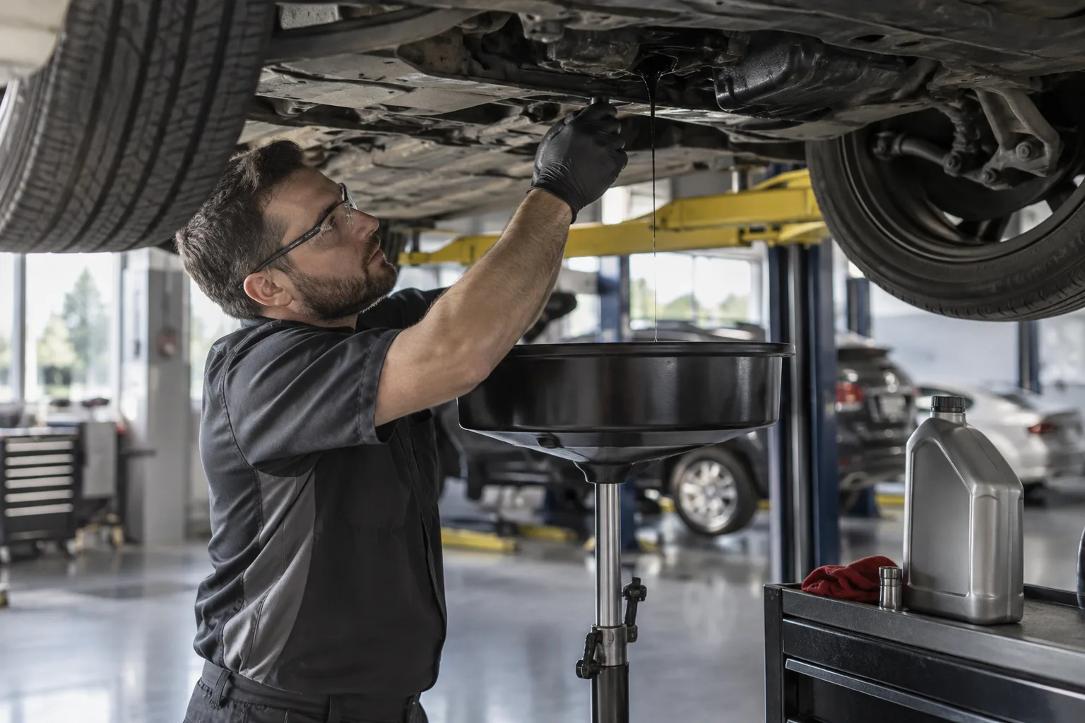 A mechanic performing an oil change on a vehicle on a hydraulic lift in an auto shop.