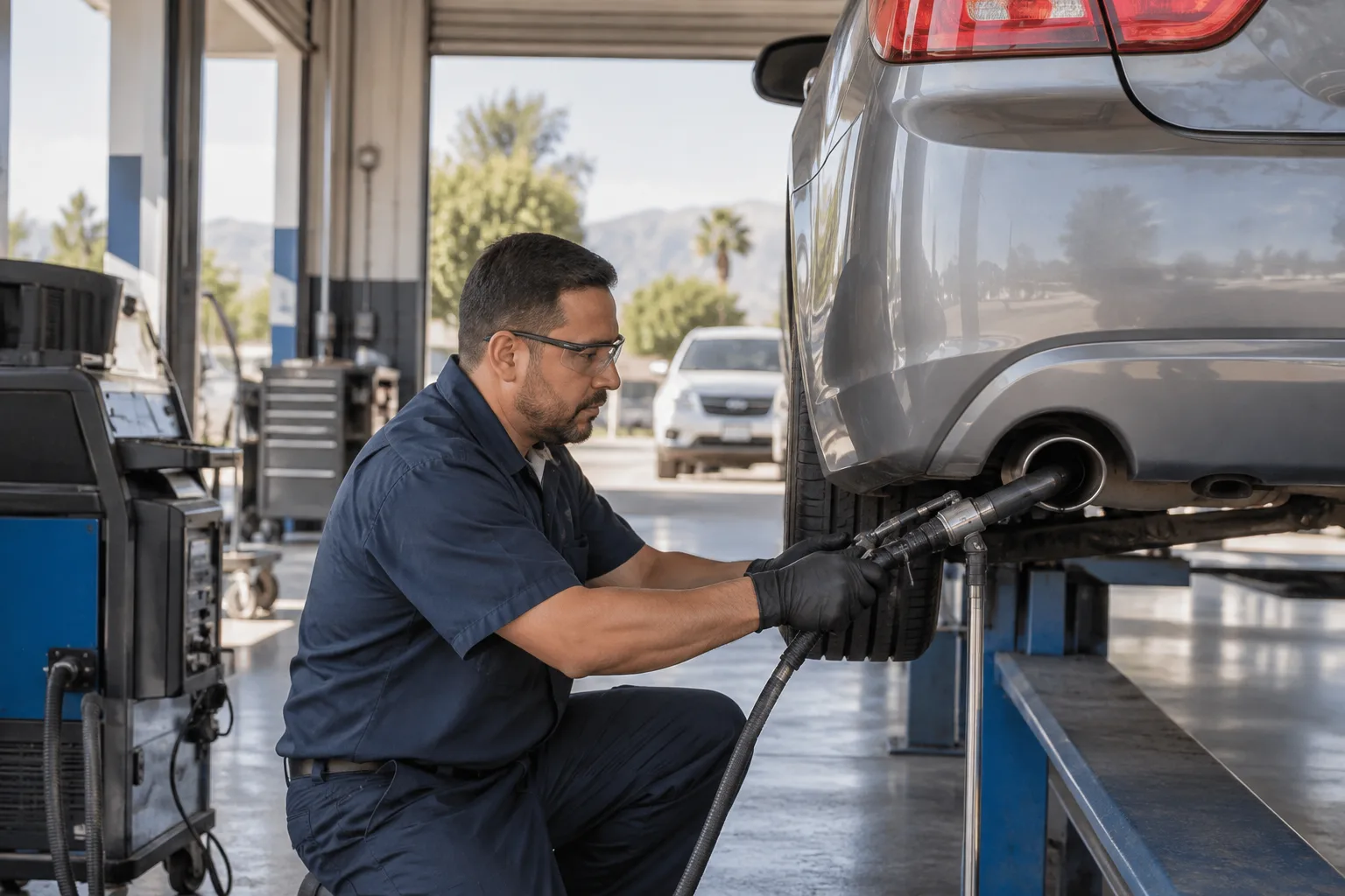A technician performing a smog check on a car inside a bright service bay.