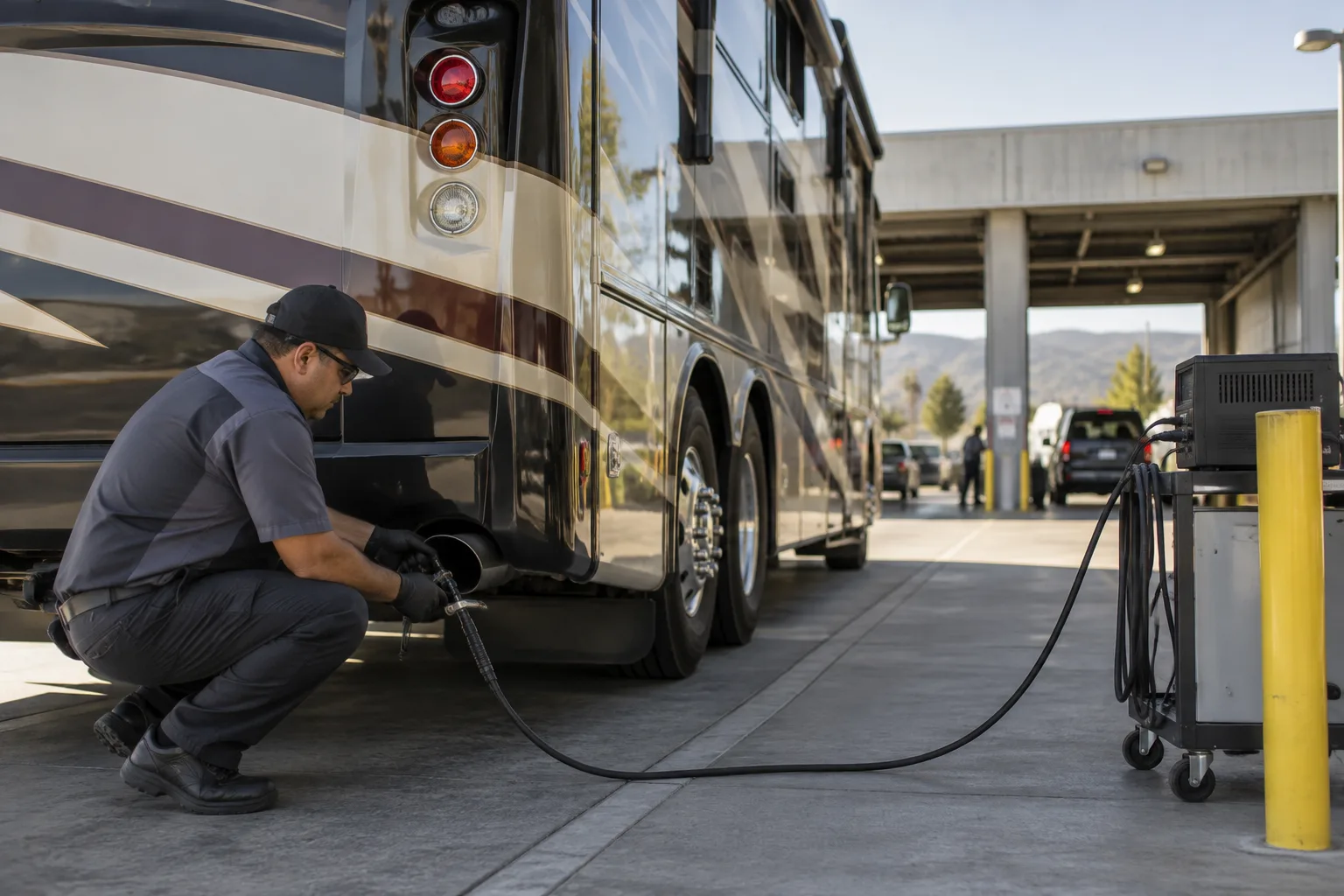 A diesel motorhome parked at a smog check station while a technician sets up testing equipment.