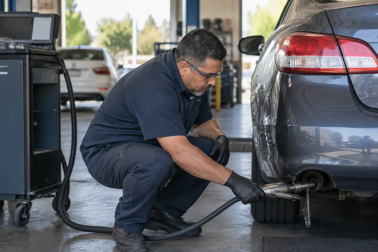A photo of a smog check technician testing a car inside a service bay.