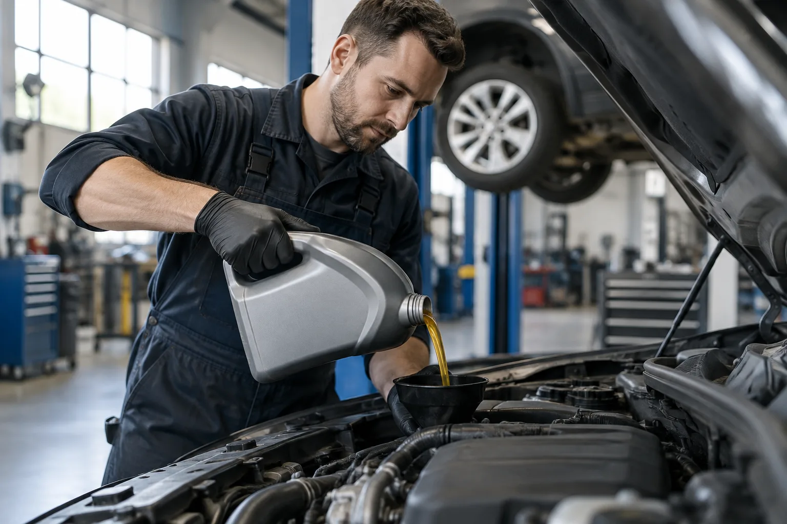 A technician pouring synthetic oil into a car engine during a service appointment.
