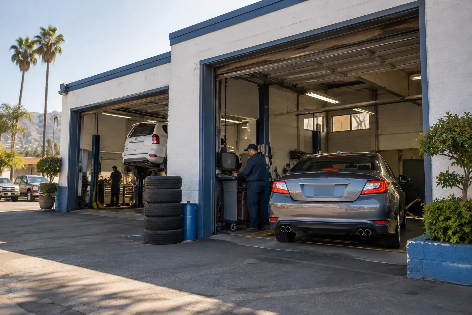 A photograph of a California smog check station with a car arriving for service.