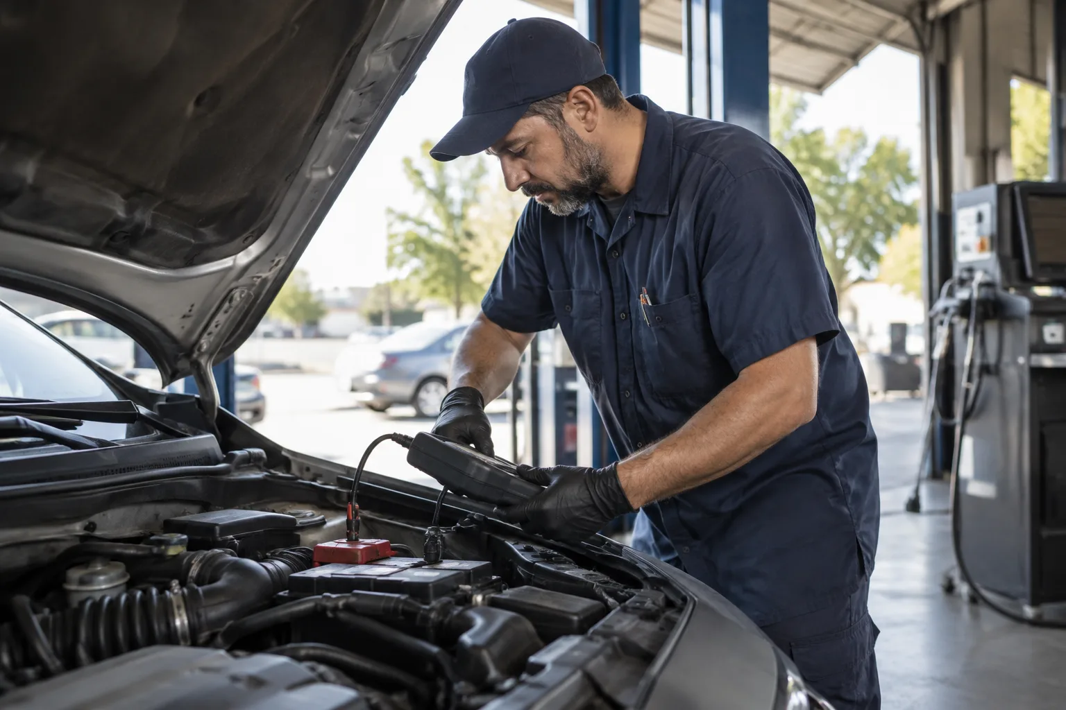 A technician connects diagnostic equipment to a car during a smog check at a service station.