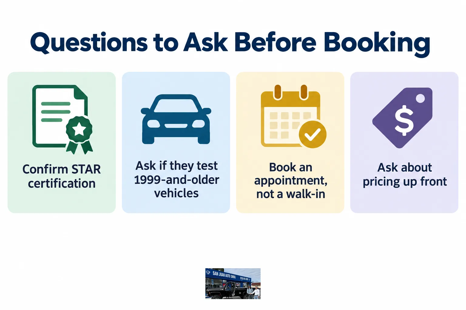 Infographic listing four questions to ask a smog shop before booking an older vehicle test.