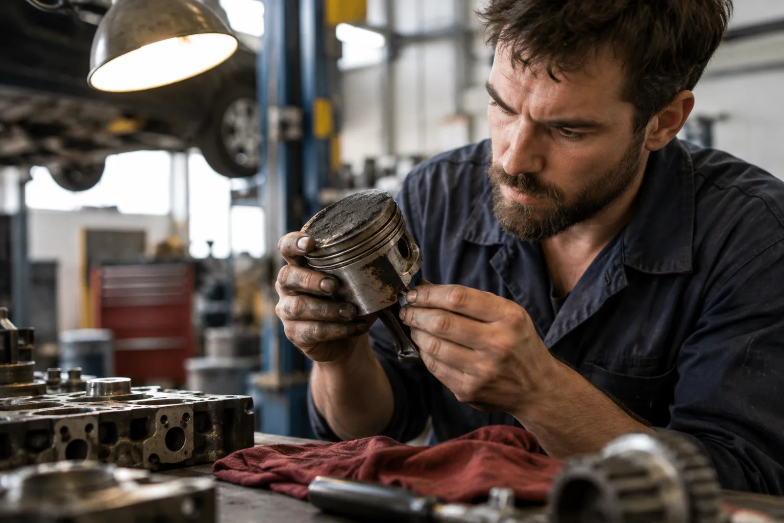 A mechanic closely examining a worn engine component in an auto repair shop