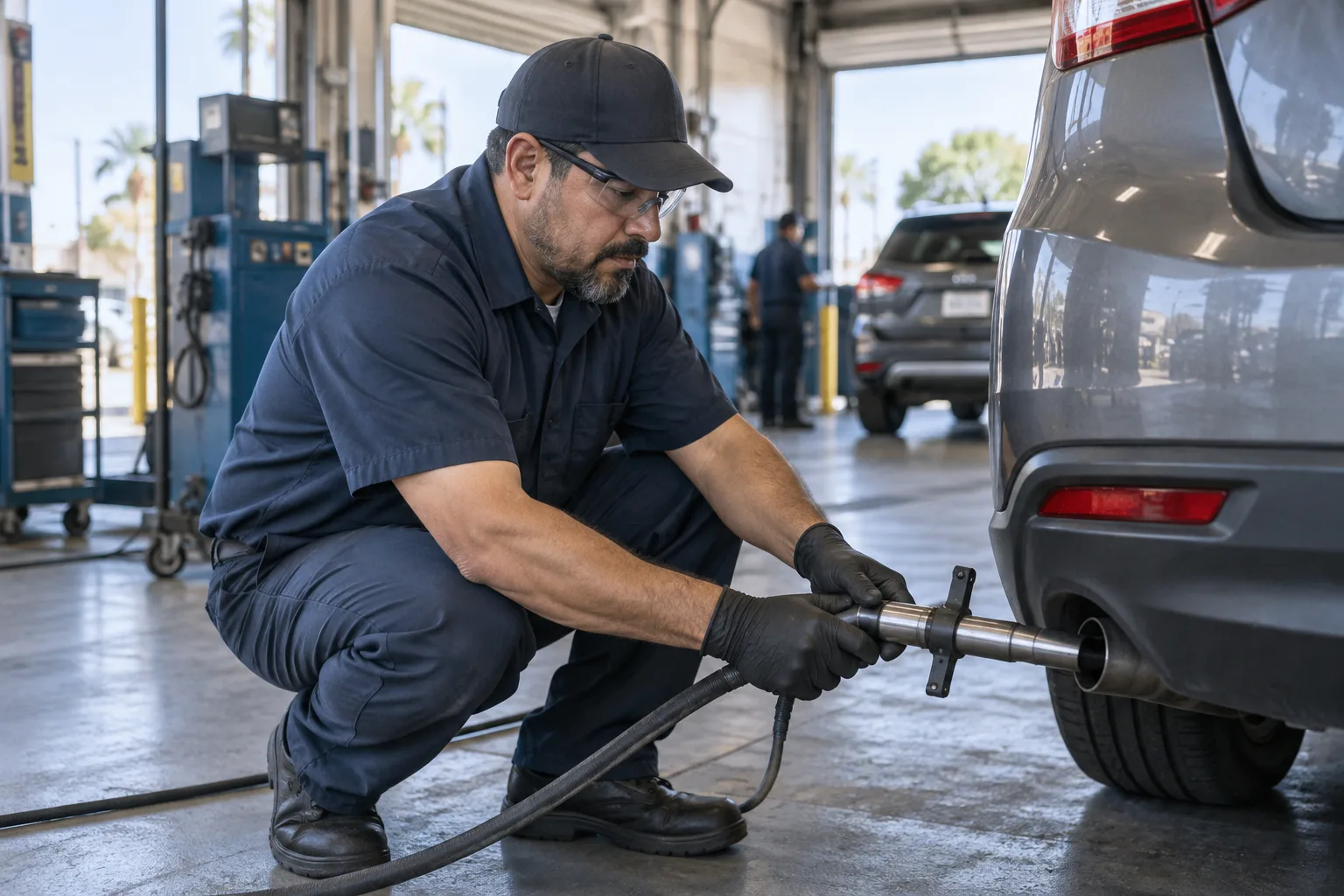 A technician performing a smog check on a car's tailpipe inside a garage.