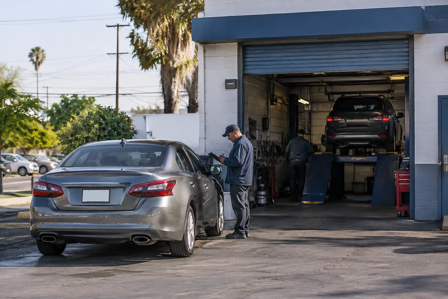 A photograph of a smog check station storefront with a car parked outside.