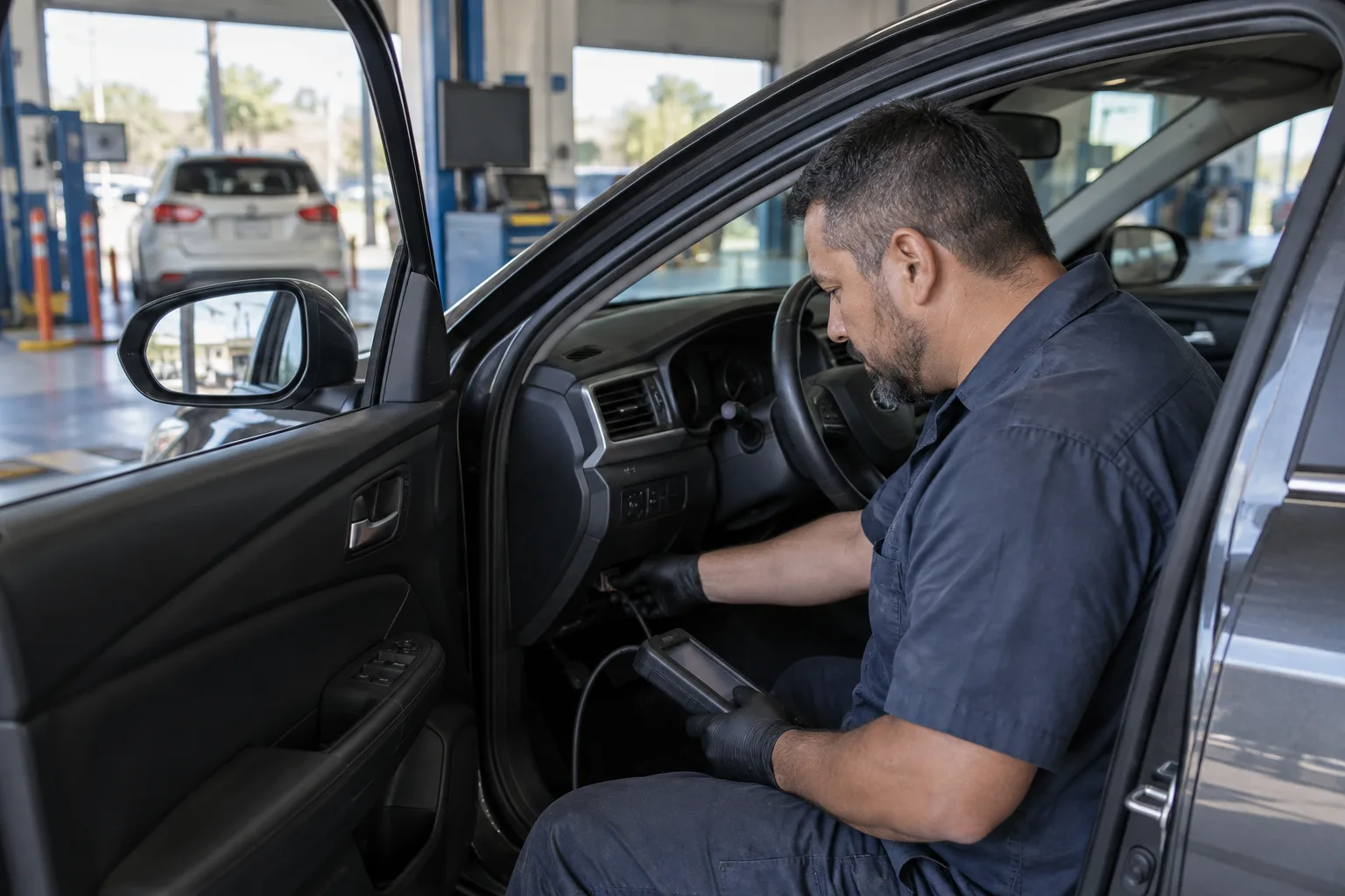 Technician connecting a smog testing device to a car in a service bay