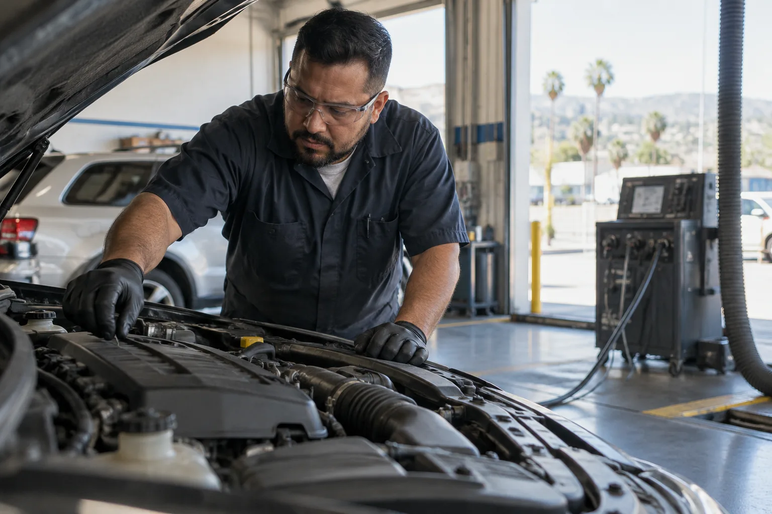 A technician inspecting a car's engine bay to diagnose a failed smog test.