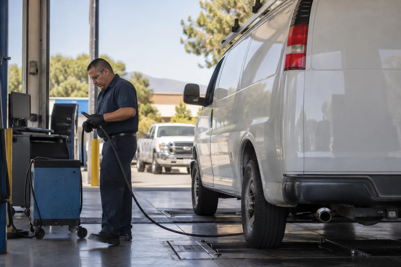 A technician preparing to test a diesel van inside a smog check station bay.