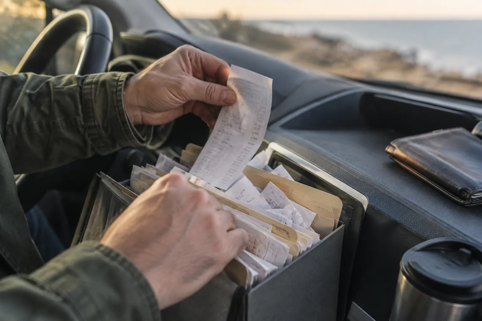 A person filing dated oil change receipts into a folder inside a car.