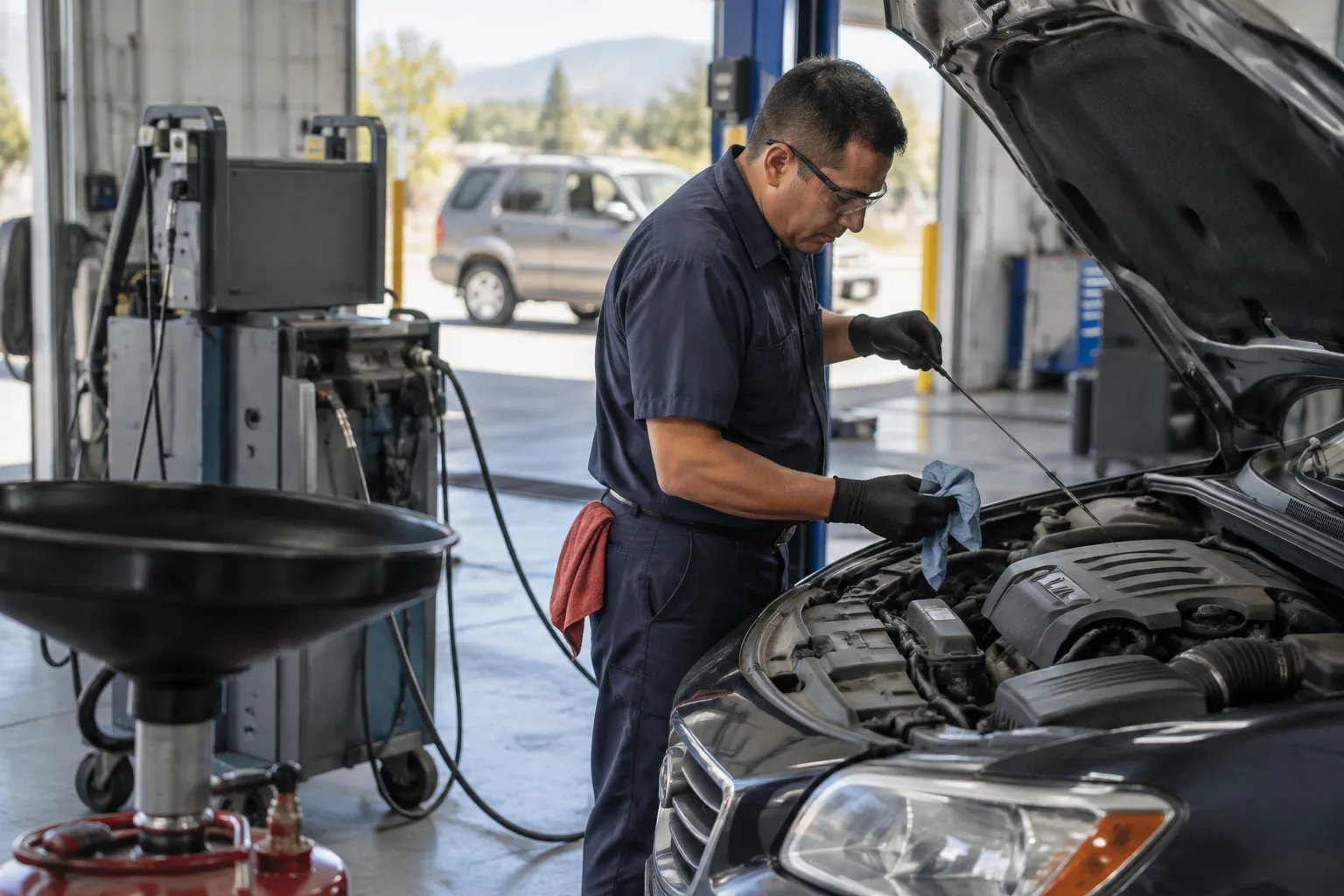 A technician performs an oil change next to emissions testing equipment at an auto smog check station.