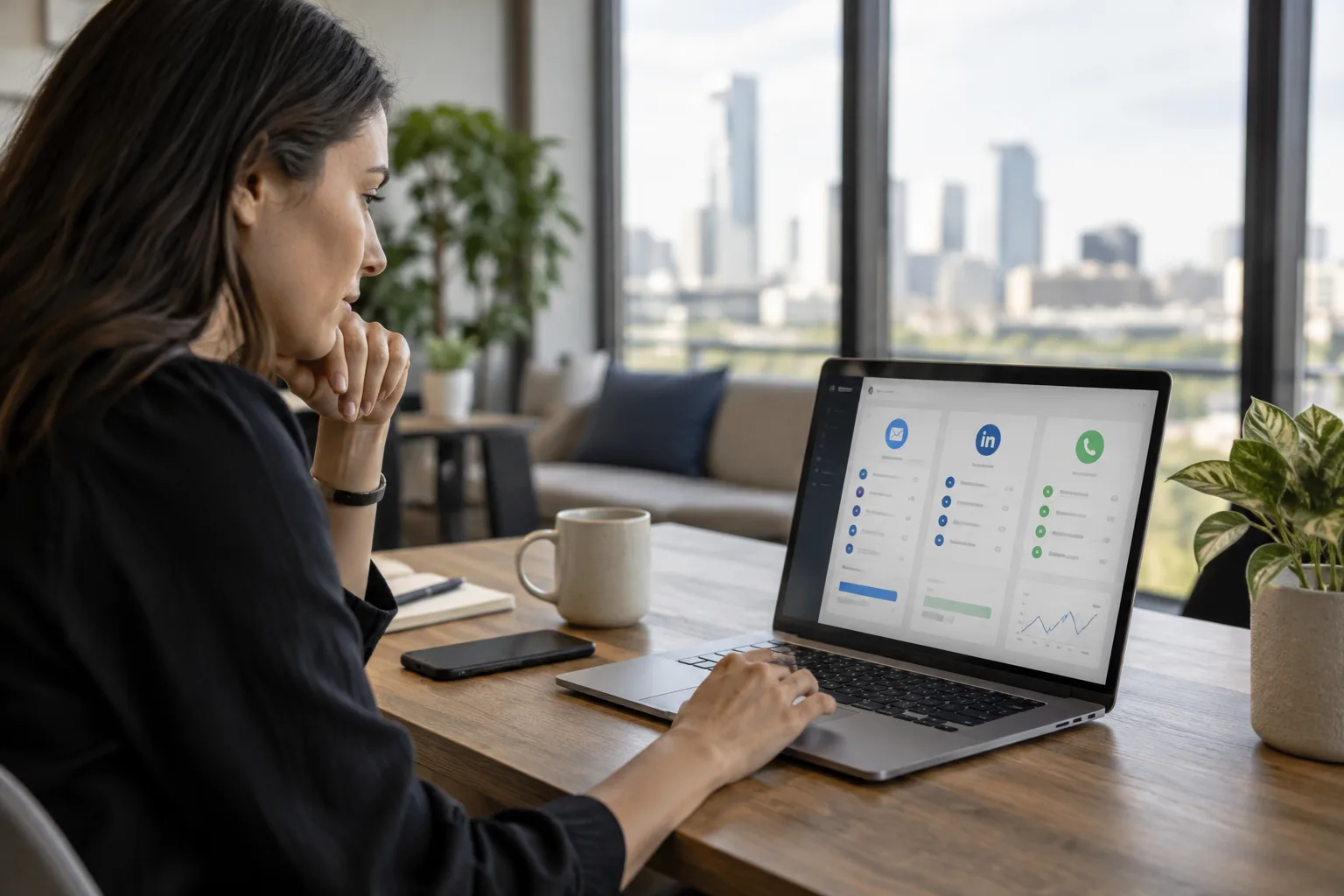 Photo of a person using a laptop to manage multi-channel sales outreach from one dashboard.