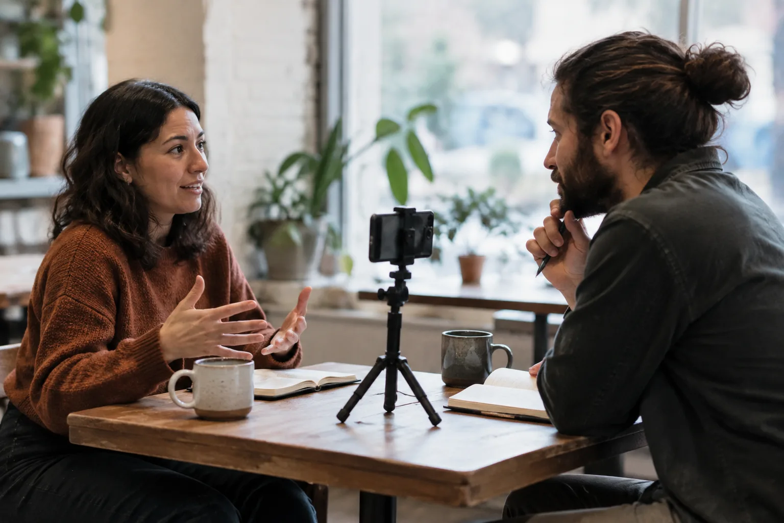 A photograph of two people having a recorded conversation at a table with a phone and notebooks.