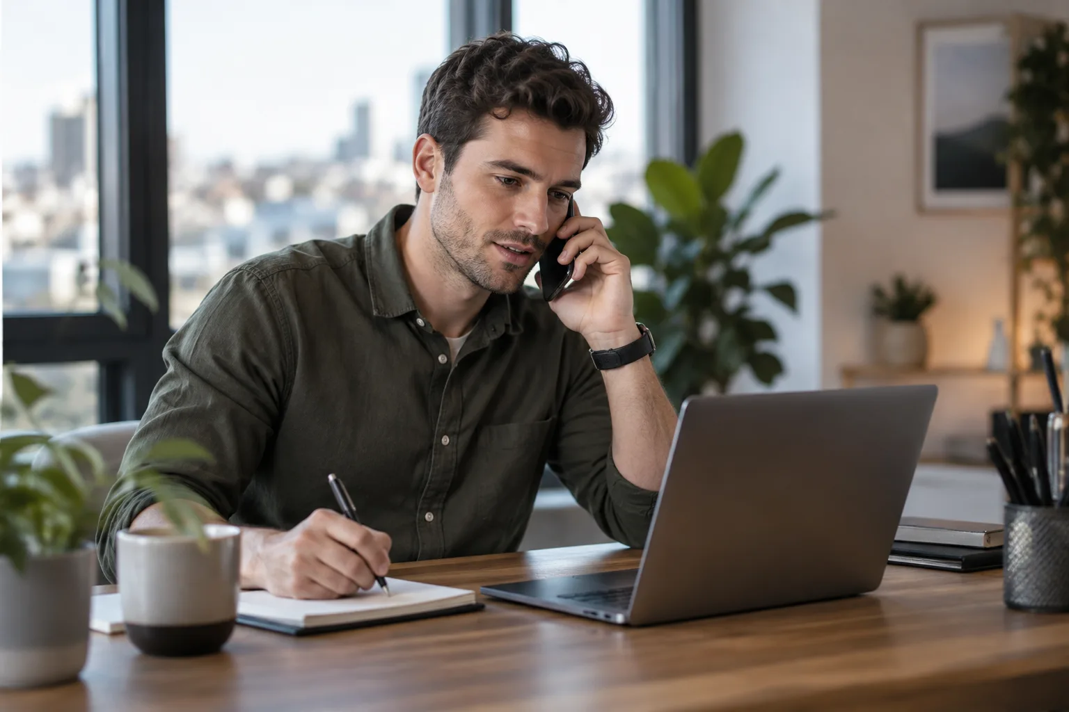 A person at a desk working on a laptop with a phone and notepad beside them, running an outbound sales sequence.