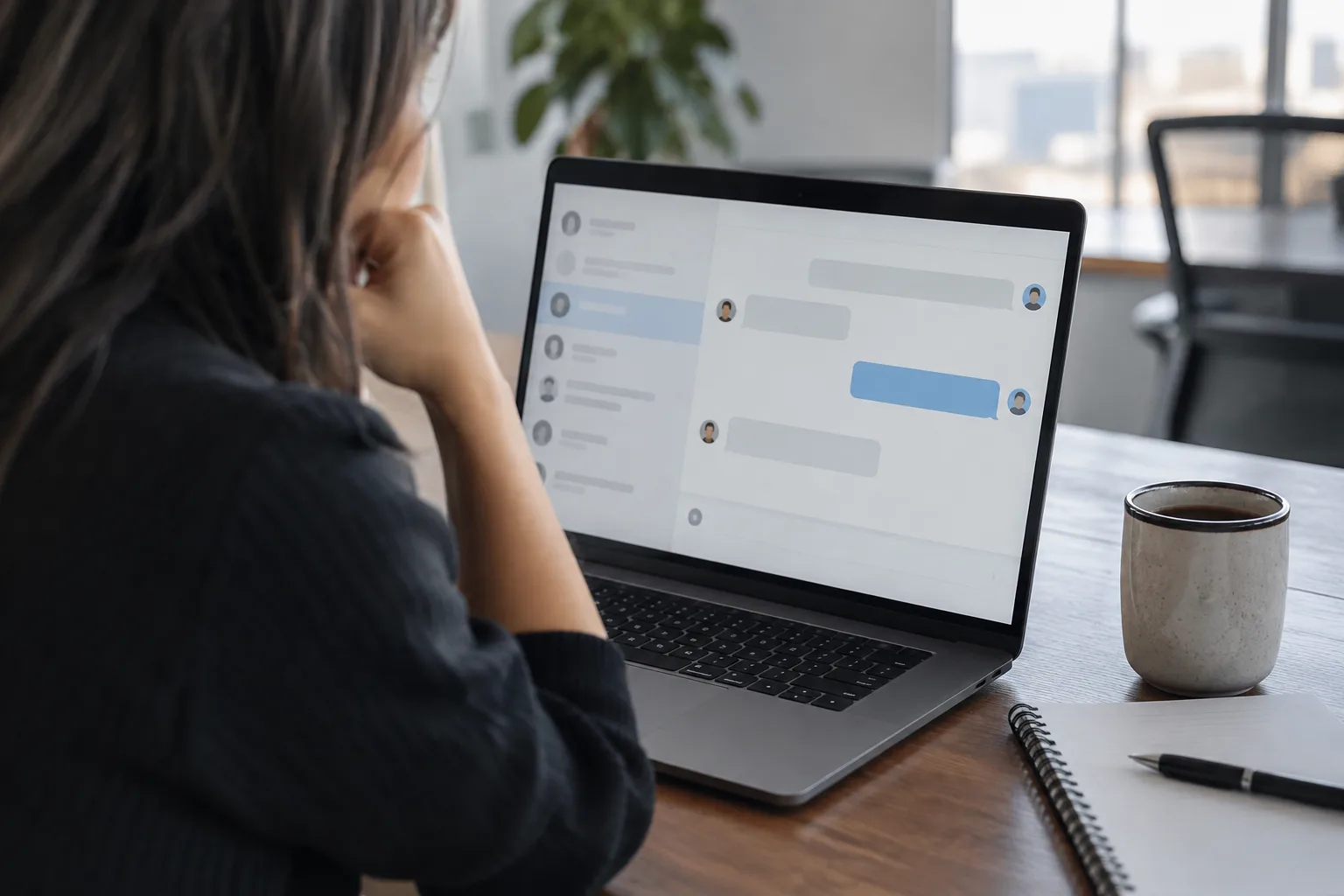 Photograph of a laptop with a stalled conversation thread on screen in an office setting.