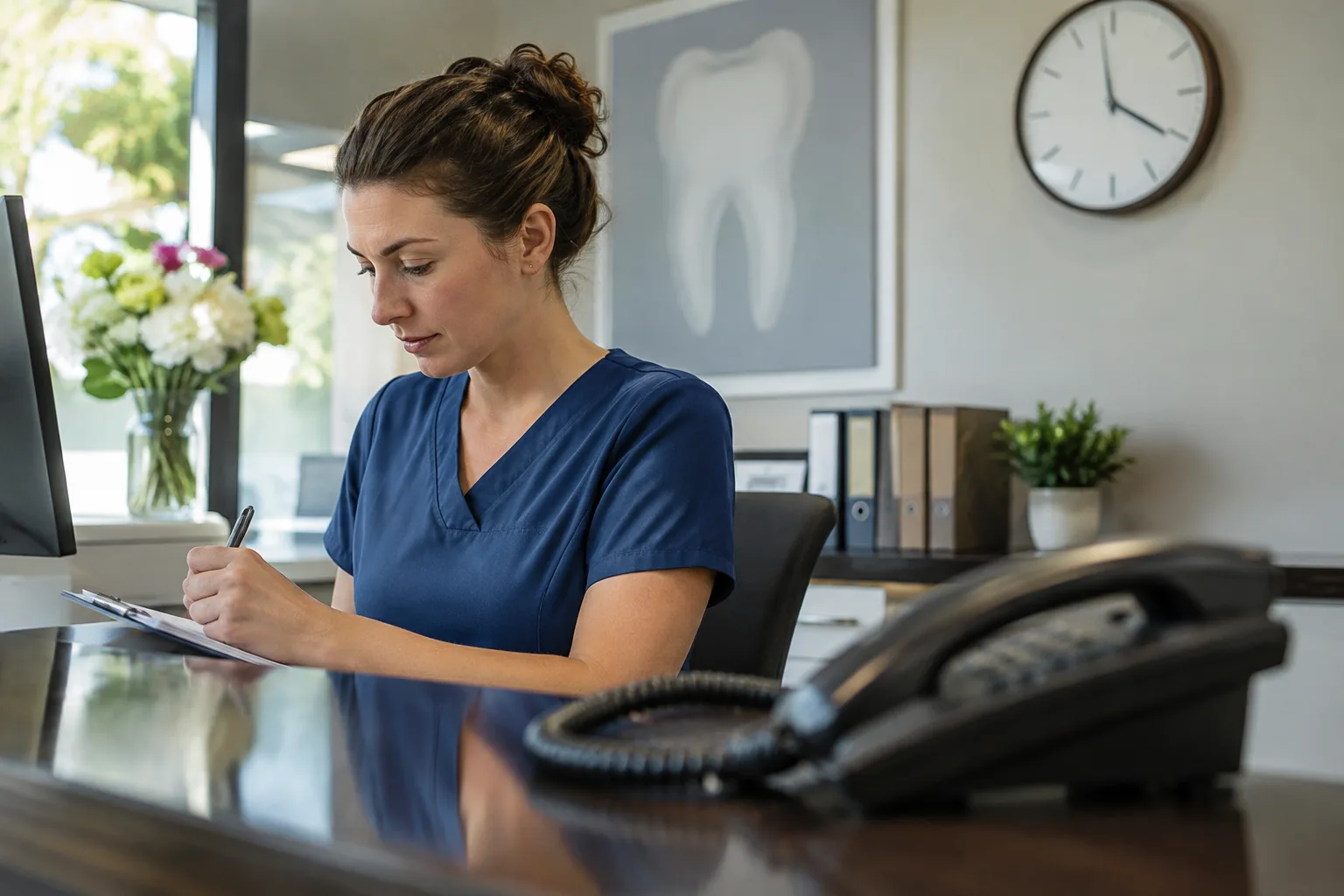A photograph showing a busy dental front desk with an unanswered ringing phone.