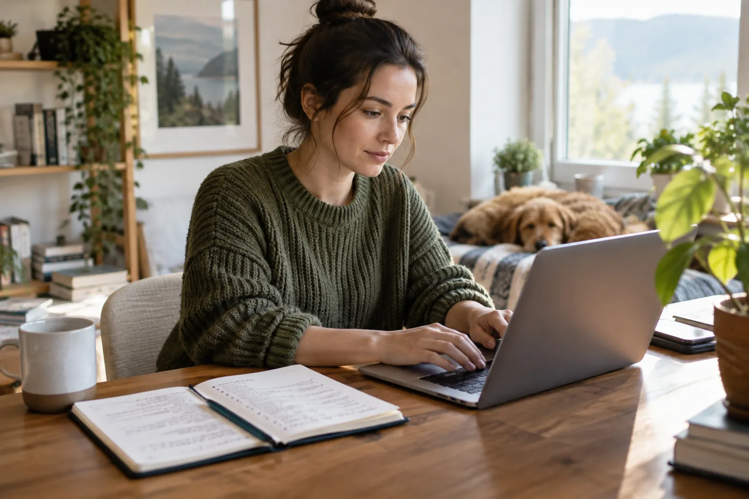 A photograph of someone writing question-and-answer style content on a laptop at a desk.