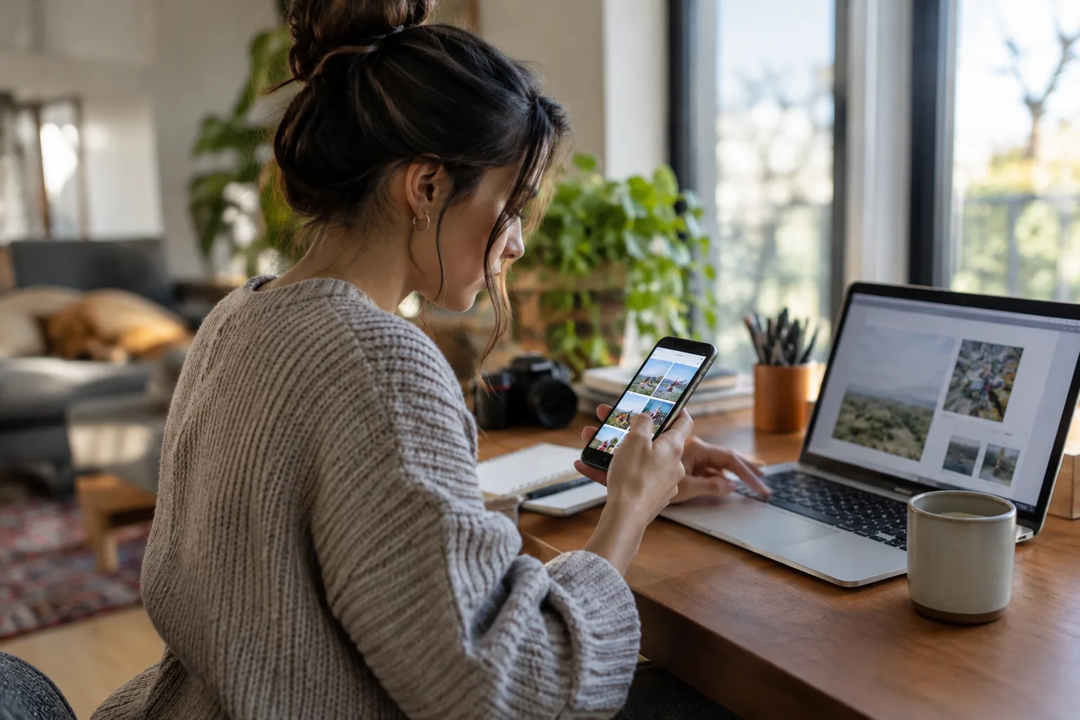 A photograph of someone comparing a phone feed to a laptop while rewriting a social media post.