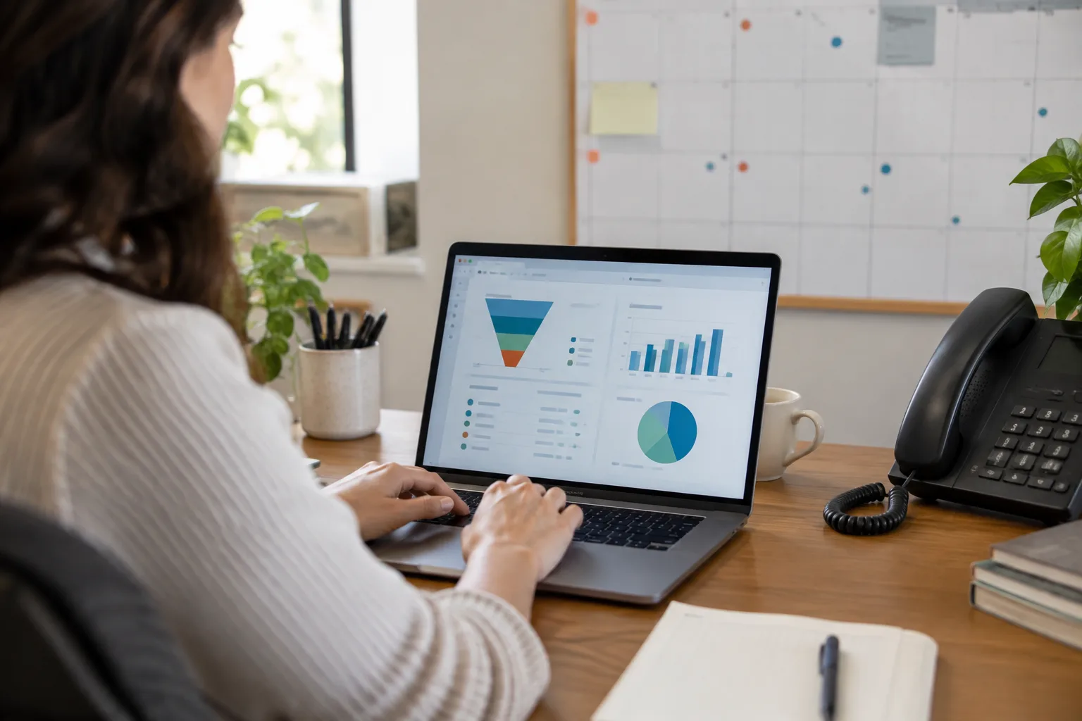 A desk with a laptop, phone, and marked calendar representing weeks of outbound sales effort.