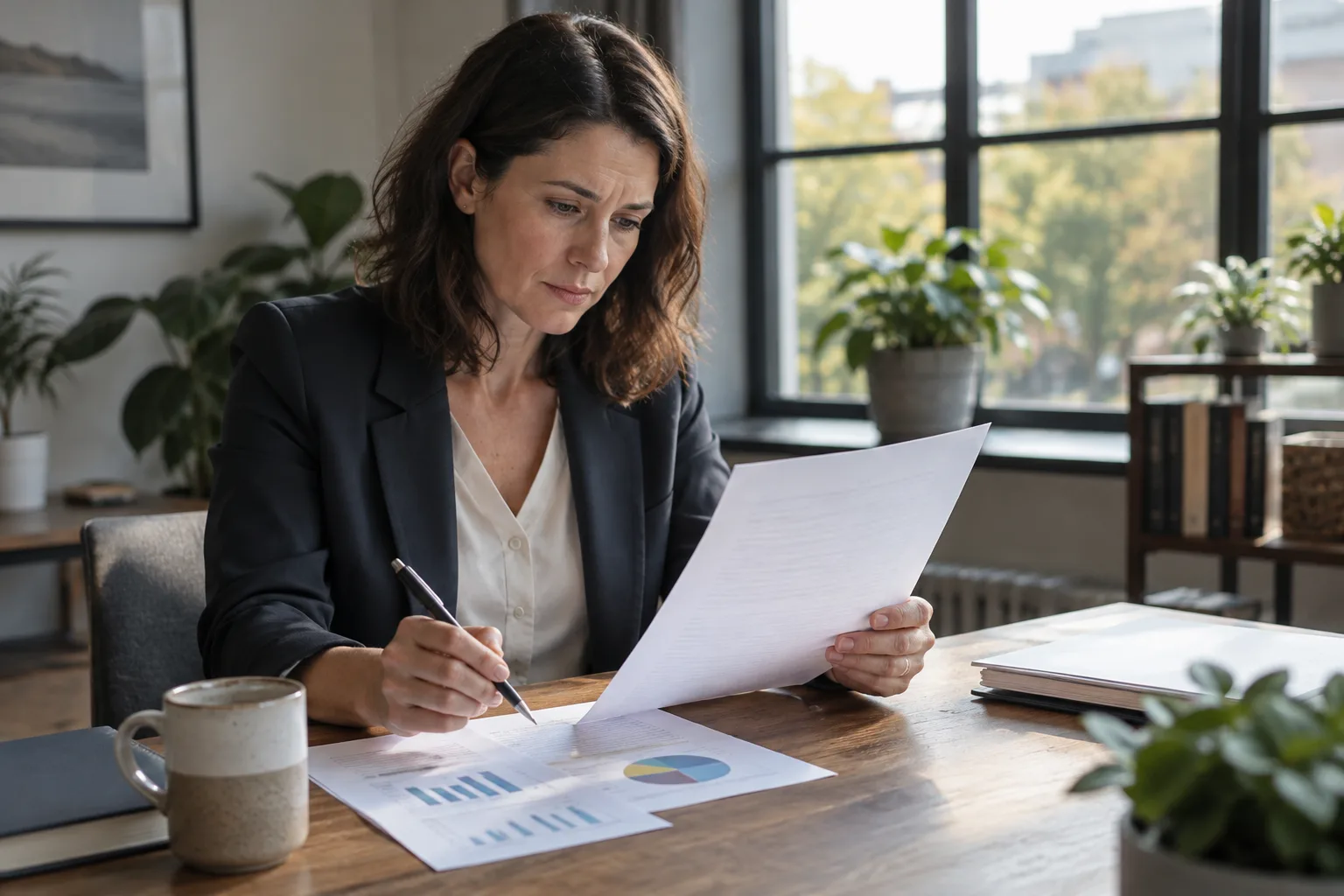 A hiring manager reviews a printed job description draft at their desk before posting it.