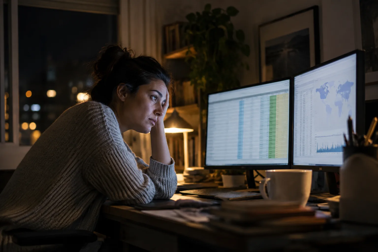 A person sitting at a desk at night working on a spreadsheet next to a data dashboard.