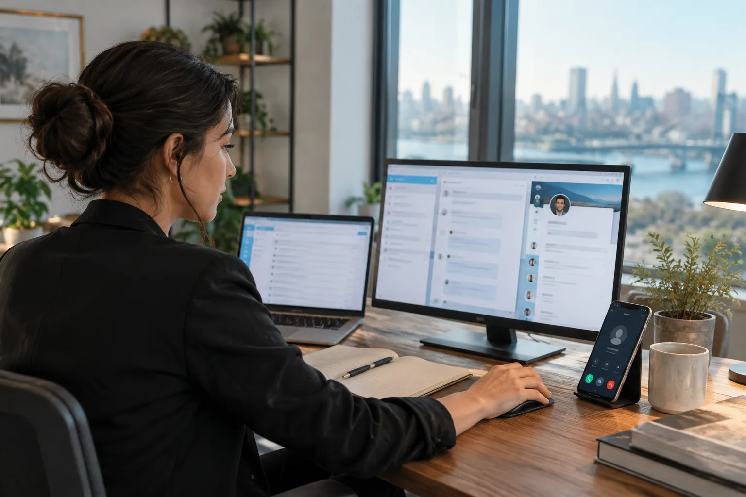A salesperson working across email, phone, and LinkedIn on multiple screens at their desk.
