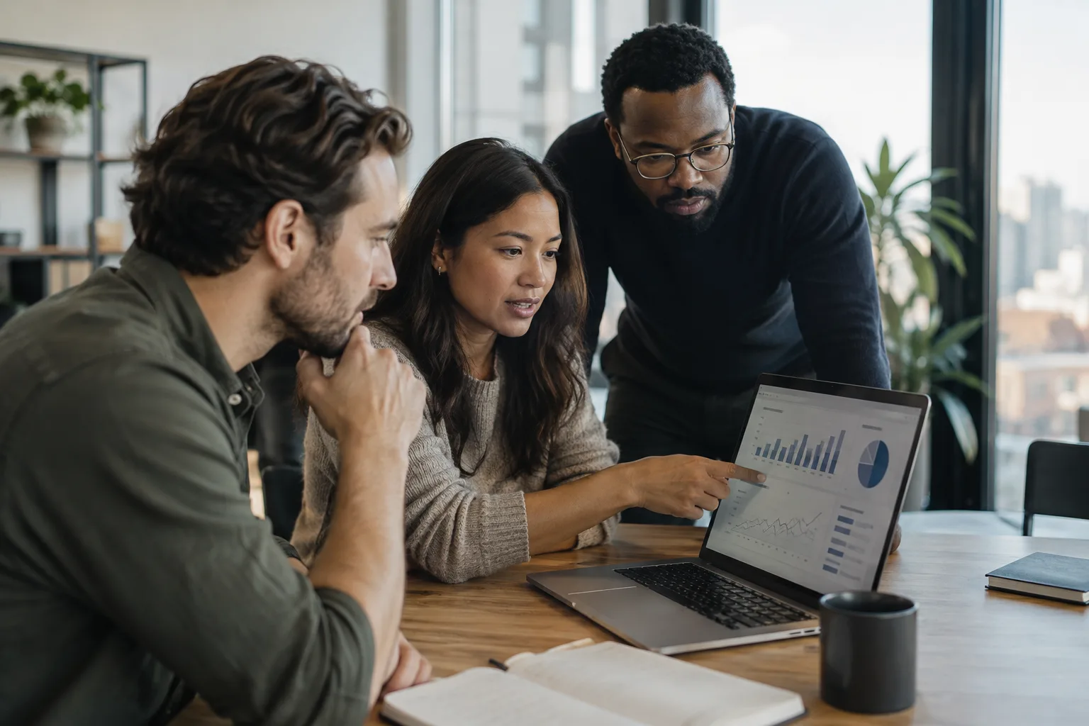 A photo of three colleagues reviewing a sales outreach dashboard together on a laptop in an office.