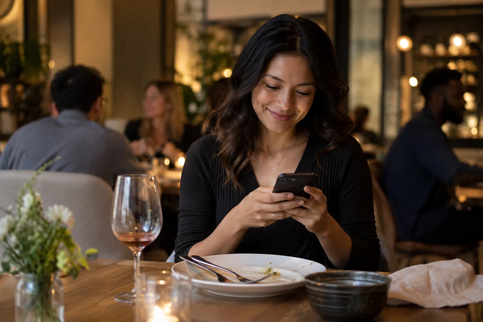 A restaurant guest typing a review on their phone at the table after a meal.