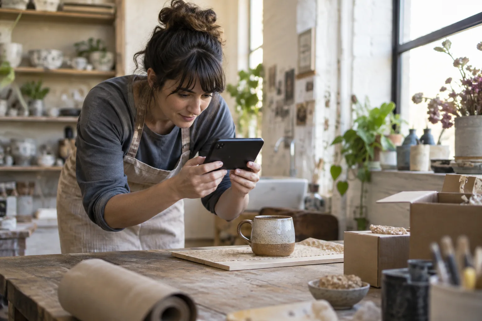 A small business owner taking a photo of a finished product for a social media post.
