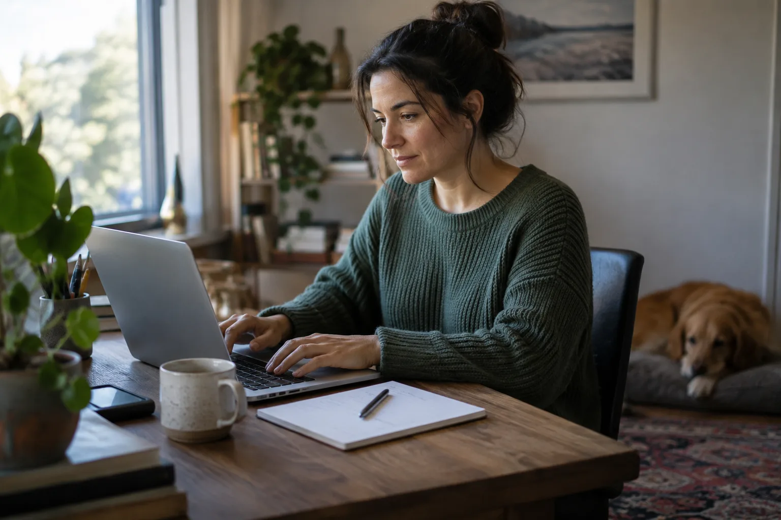 A person typing at a laptop with a notebook containing one handwritten sentence on the desk beside them.
