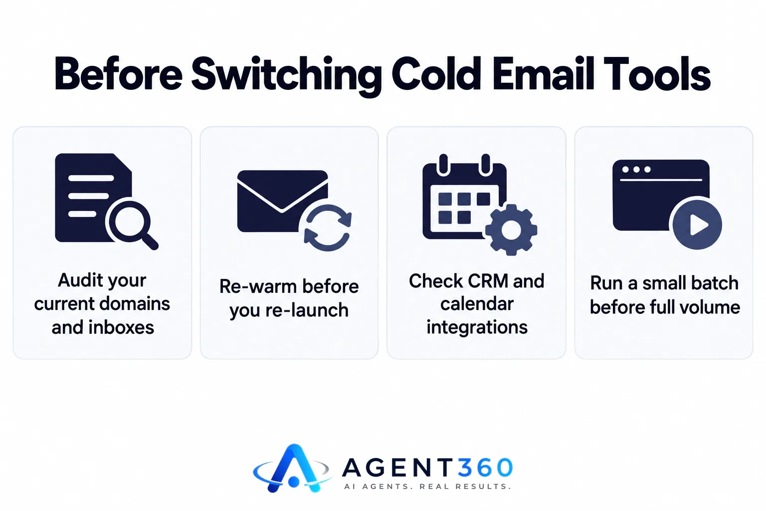 Infographic listing steps to take before switching cold email tools, including auditing domains, re-warming, checking integrations, and testing a small batch.