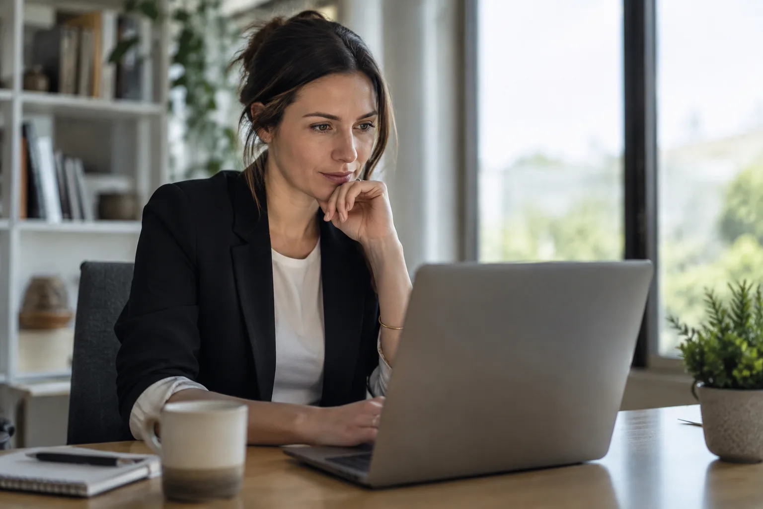 A photo of a professional reviewing a company website on a laptop at their desk.